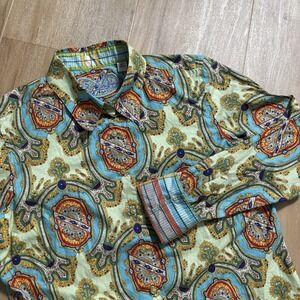 Robert Graham Women's M Paisley Green Blue Flip Cuff Artsy Loud Button Down Boho